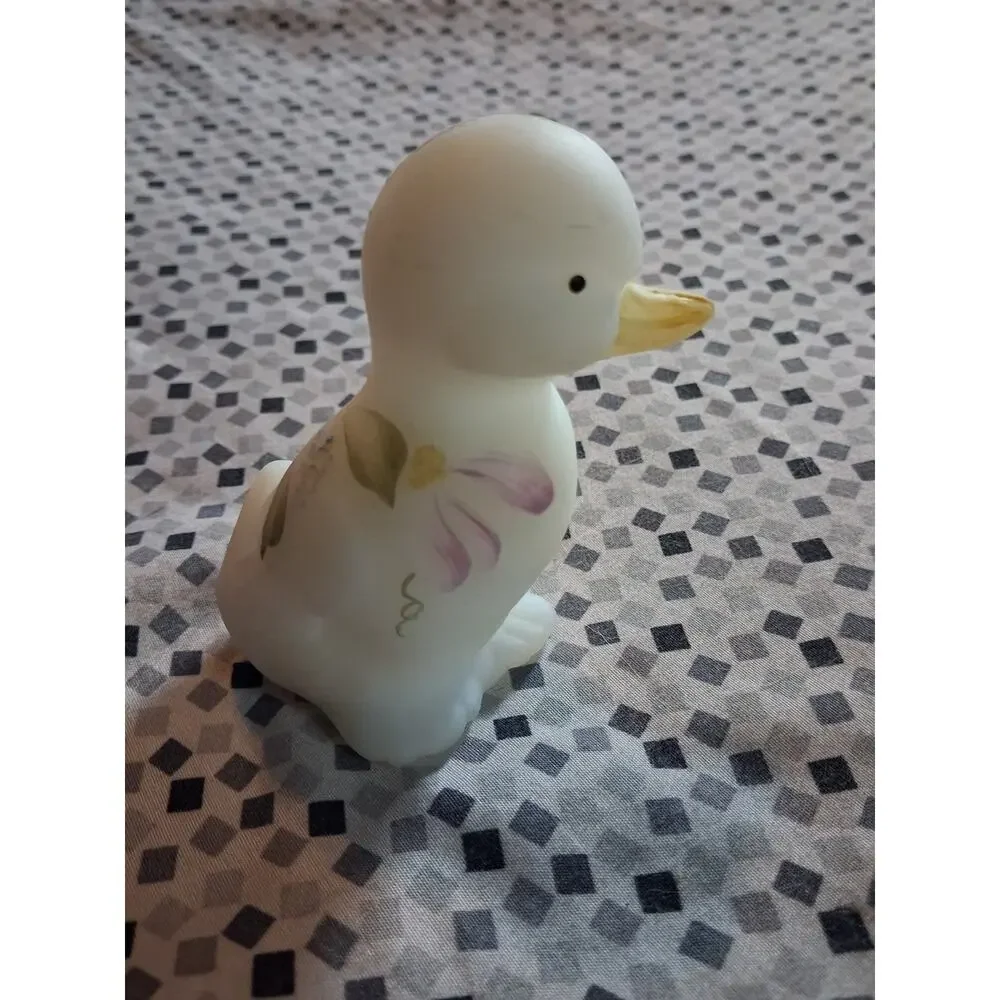 Fenton Glass Duck Duckling Hand Painted Artist Signed Floral with Gems